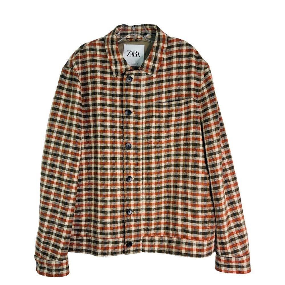 Zara orange brown plaid button preppy academia trendy shacket jacket XL